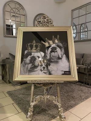 English Bulldog Family Boys With Crown Wall Art Champagne Step Frame 70cm X 70cm