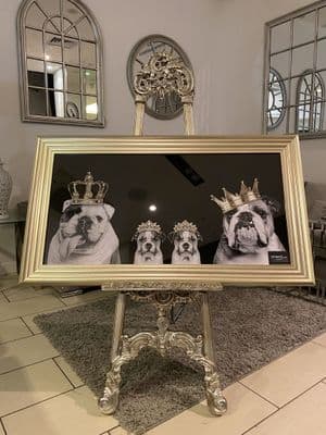 English Bulldog Family Girl With Crown Wall Art Champagne Frame 100cm X 50cm