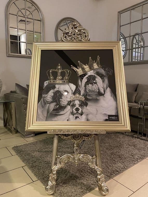 English Bulldog Family Girls With Crown Wall Art Champagne Step Frame 70cm x 70cm