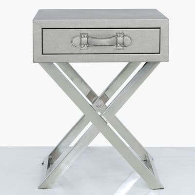 Faux Litchi Grain Leather 1 Drawer End Table Pewter