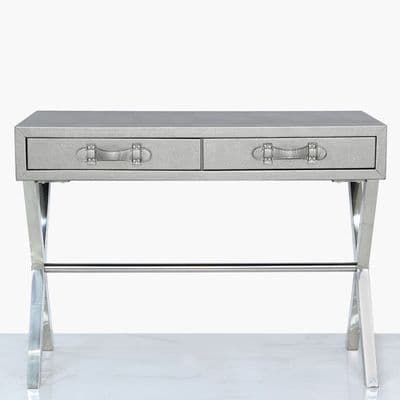 Faux Litchi Grain Leather 2 Drawer Console Table Pewter