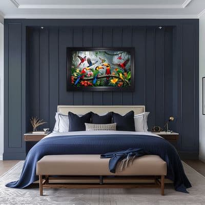 French Velvet Colorful birds amid lush rainforest. - Home Luxe Interior