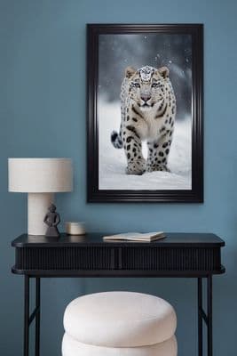 French Velvet Snow Leopard with piercing eyes - Home Luxe Interior