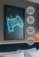 Gaming Controller Blue Neon LED Wall Art - 40x60cm Games Room Decor USB