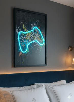 Gaming Controller Blue Neon LED Wall Art - 40x60cm Games Room Decor USB