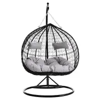 Goa Double Black Rattan Effect Hanging Egg Chair Grey Cushions