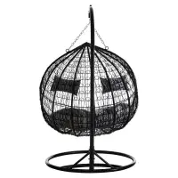 Goa Double Black Rattan Effect Hanging Egg Chair Grey Cushions