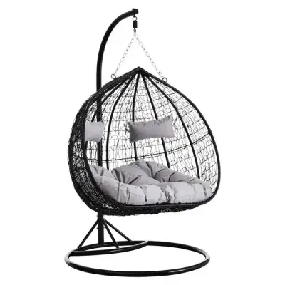 Goa Double Black Rattan Effect Hanging Egg Chair Grey Cushions