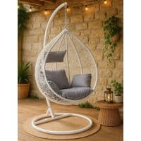 Goa White Rattan Effect Hanging Egg Chair Swing Grey Cushions
