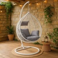 Goa White Rattan Effect Hanging Egg Chair Swing Grey Cushions