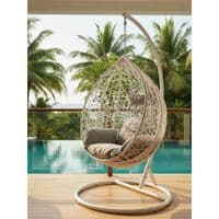 Goa White Rattan Effect Hanging Egg Chair Swing Grey Cushions