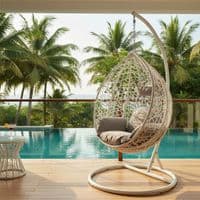 Goa White Rattan Effect Hanging Egg Chair Swing Grey Cushions