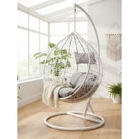 Goa White Rattan Effect Hanging Egg Chair Swing Grey Cushions