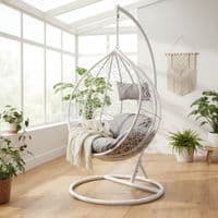 Goa White Rattan Effect Hanging Egg Chair Swing Grey Cushions