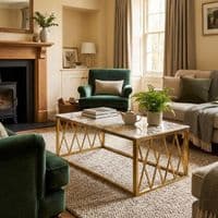 Gold Coffee Table with White Marble Top & Stainless Steel Frame Set
