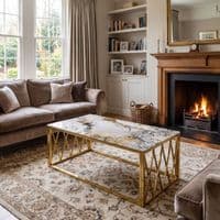 Gold Coffee Table with White Marble Top & Stainless Steel Frame Set