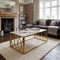 Gold Coffee Table with White Marble Top & Stainless Steel Frame Set