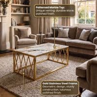 Gold Coffee Table with White Marble Top & Stainless Steel Frame Set