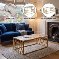 Gold Coffee Table with White Marble Top & Stainless Steel Frame Set
