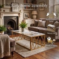 Gold Coffee Table with White Marble Top & Stainless Steel Frame Set