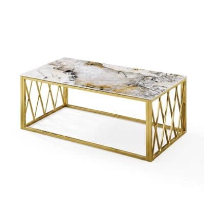 Gold Coffee Table with White Marble Top & Stainless Steel Frame Set