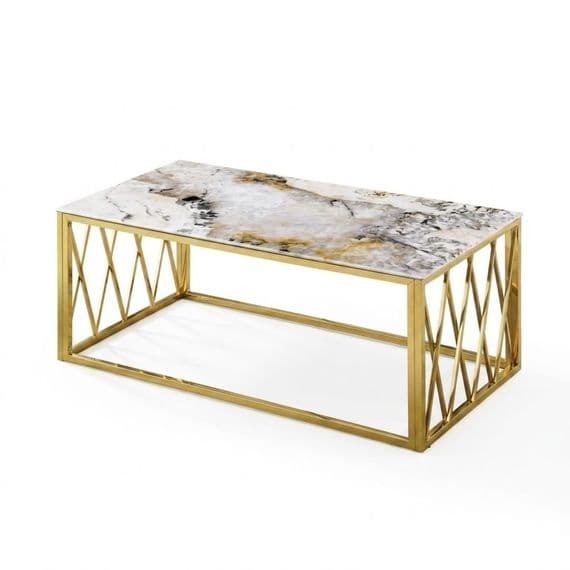 Gold Coffee Table with White Marble Top & Stainless Steel Frame Set