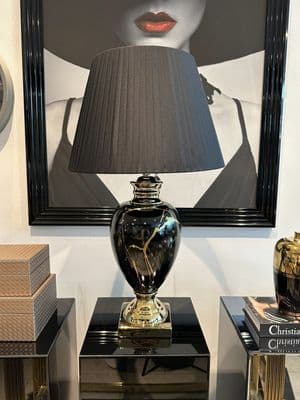 Gold Marble Effect Table Lamp With Black Round Shade Large
