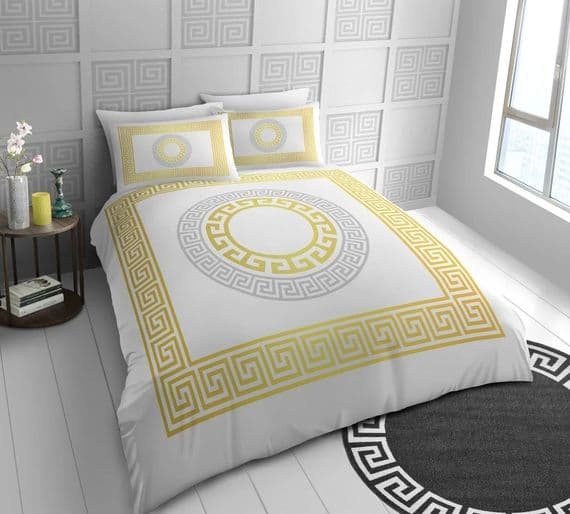 Greek Style White & Gold Double Duvet Cover Set | IDA Greek Key Bedding