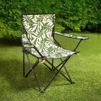 Green Leaf Folding Camping Armchair with Cup Holder & Carry Bag