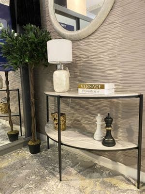 Grey Half Moon Marble Effect Console Table With Black Frame