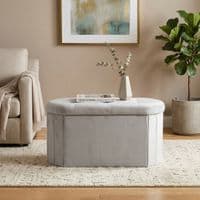 Grey Velvet Oval Storage Ottoman - Padded Bench & Blanket Box