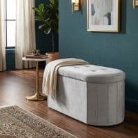 Grey Velvet Oval Storage Ottoman - Padded Bench & Blanket Box