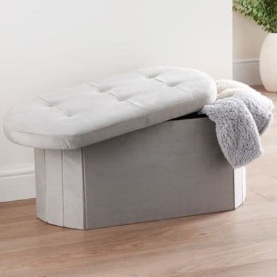 Grey Velvet Oval Storage Ottoman - Padded Bench & Blanket Box