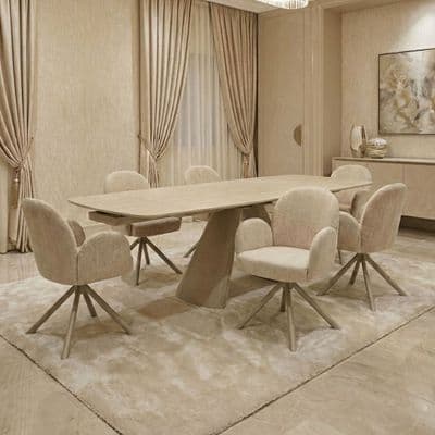Gstaad Beige Ceramic Extending Dining Set 6 Swivel Chairs 160-240cm
