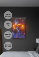 Headphones Girl Neon LED Wall Art - 40x60cm Cyberpunk Synthwave Canvas USB