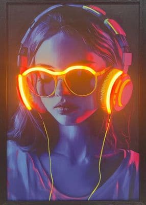 Headphones Girl Neon LED Wall Art - 40x60cm Cyberpunk Synthwave Canvas USB