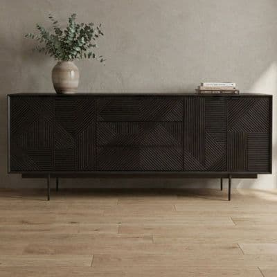 Jakara Black Geometric Carved Sideboard 4 Door 3 Drawer 200cm
