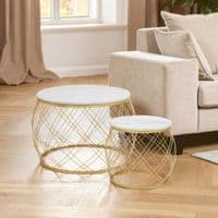 Jodie Set of 2 White Marble Coffee Tables - Geometric Gold Frames