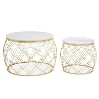 Jodie Set of 2 White Marble Coffee Tables - Geometric Gold Frames