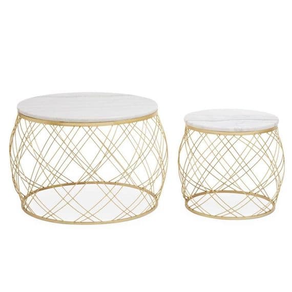 Jodie Set of 2 White Marble Coffee Tables - Geometric Gold Frames