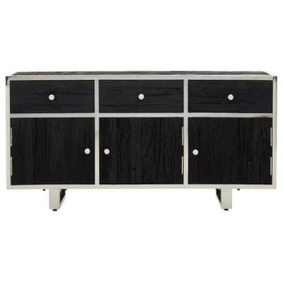 Kerala Black Sideboard Silver Trim Glass Top 3 Door 3 Drawer