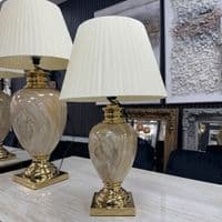 Large Cream & Gold Marble Table Lamp with Pleated Shade 79cm Tall