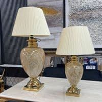 Large Cream & Gold Marble Table Lamp with Pleated Shade 79cm Tall