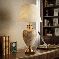 Large Cream & Gold Marble Table Lamp with Pleated Shade 79cm Tall