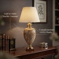 Large Cream & Gold Marble Table Lamp with Pleated Shade 79cm Tall