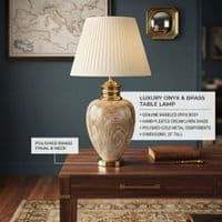 Large Cream & Gold Marble Table Lamp with Pleated Shade 79cm Tall