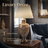 Large Cream & Gold Marble Table Lamp with Pleated Shade 79cm Tall