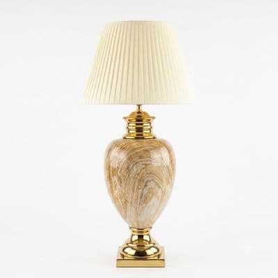 Large Cream & Gold Marble Table Lamp with Pleated Shade 79cm Tall
