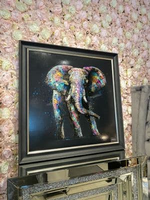 Large Elephant Multicolor Paint Canvas Wall Art Black Frame