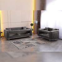 Lidya Grey Velvet Chesterfield 3 & 2 Seater Sofa Set Silver Legs